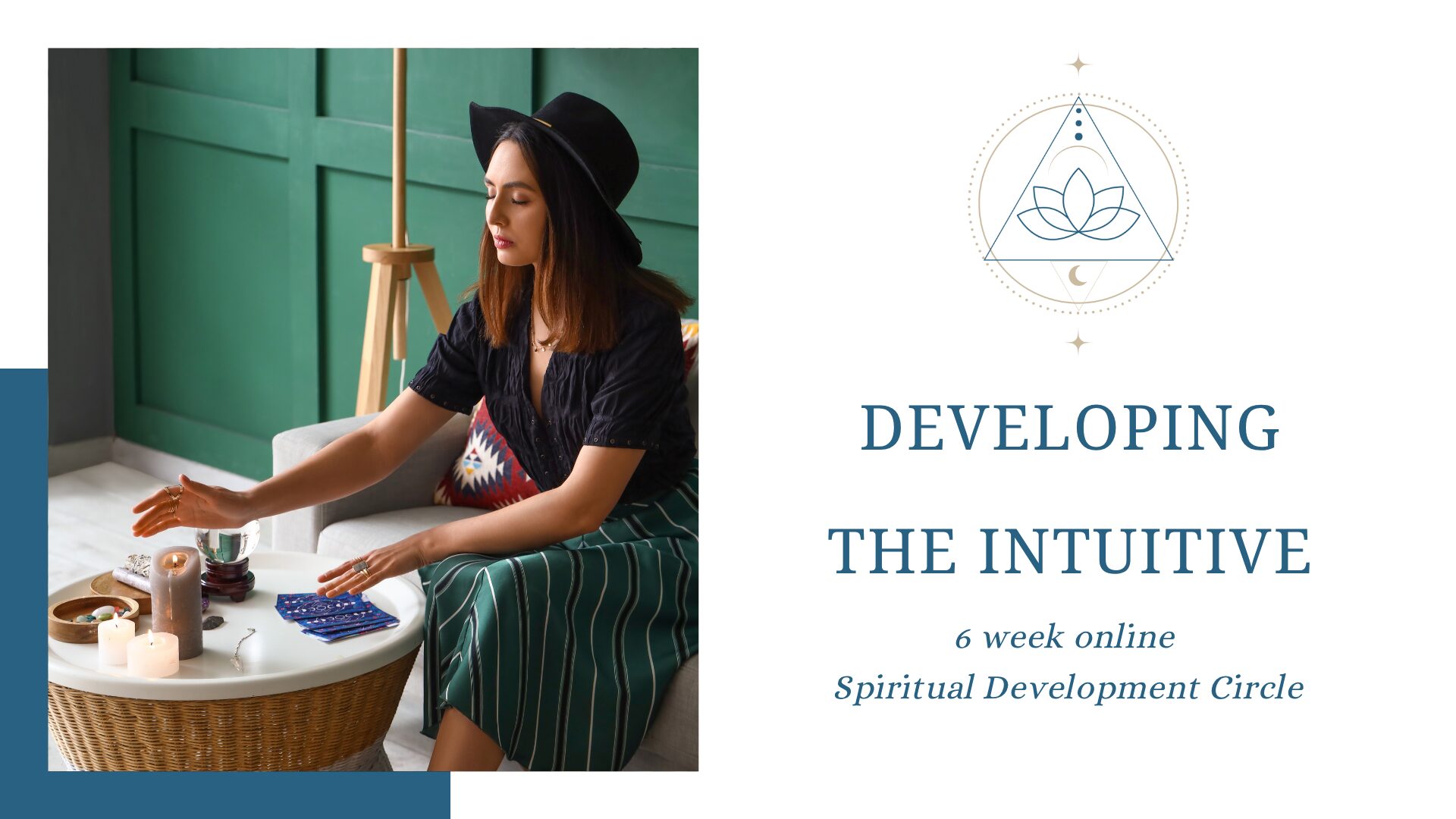 Developing the Intuitive spiritual development header with a psychic and medium woman who is doing a reading with oracle cards